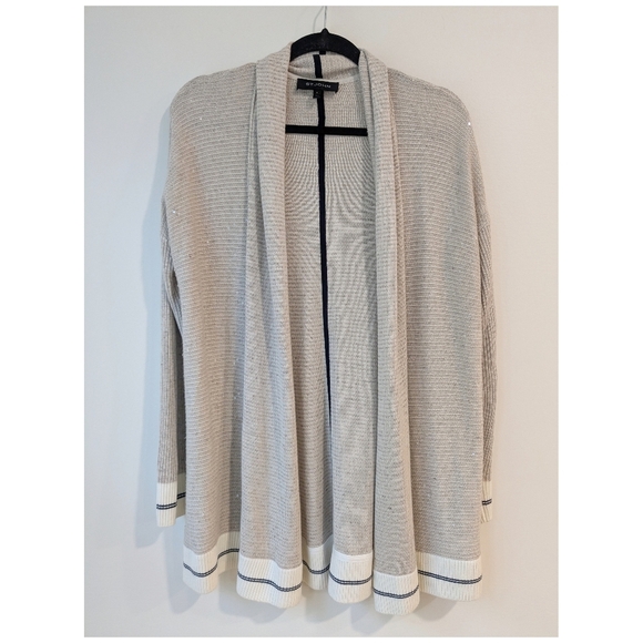 ST JOHN Sequin Jacquard Knit Open Shawl Cardigan in Taupe Melange - Picture 4 of 11